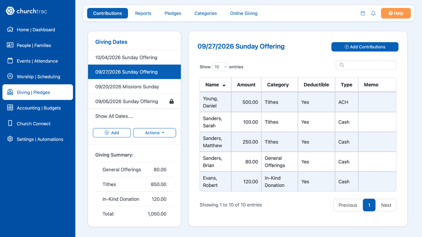 The ChurchTrac giving screen showing recent donations and giving categories