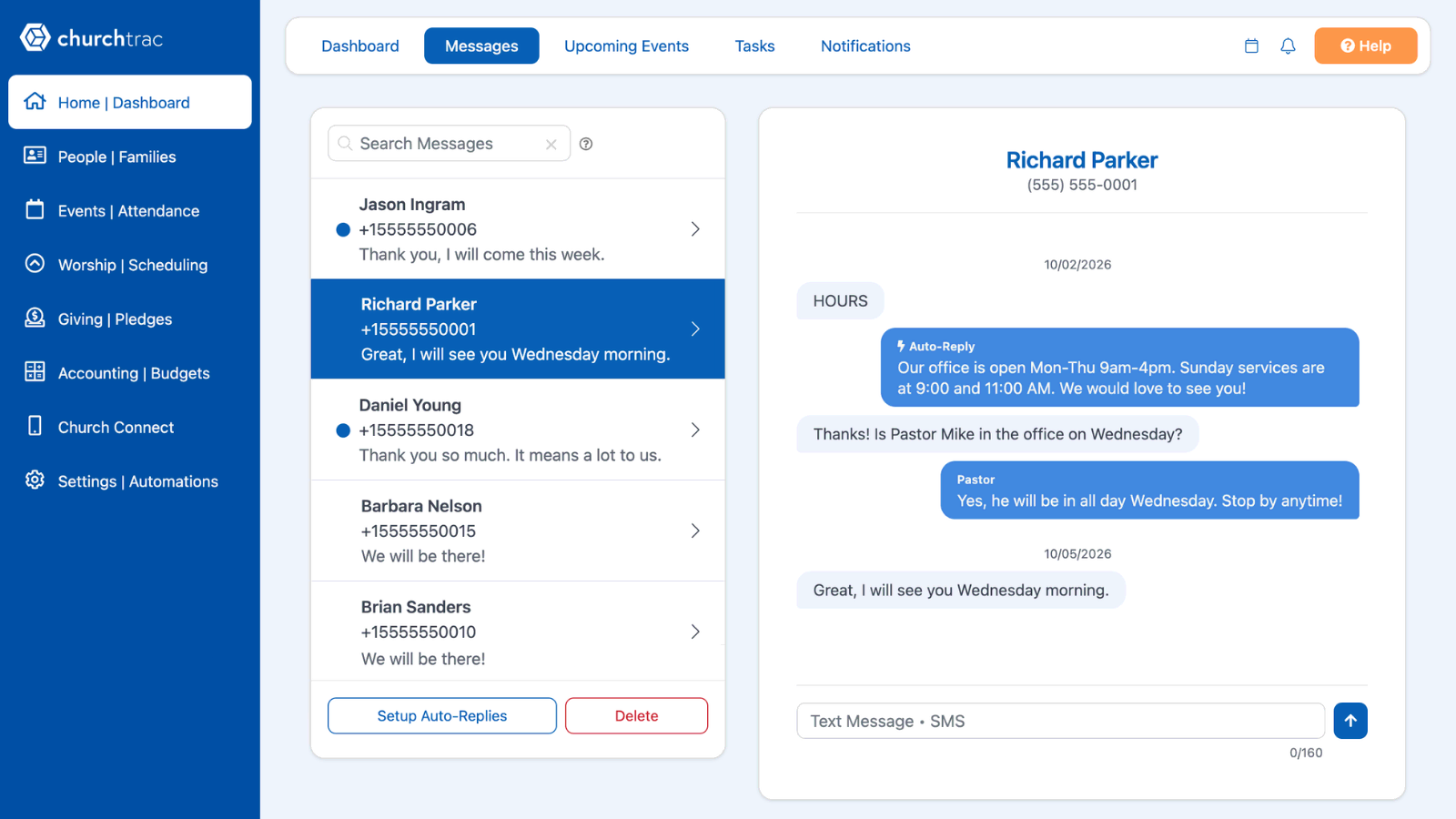 The ChurchTrac SMS inbox with a text conversation open