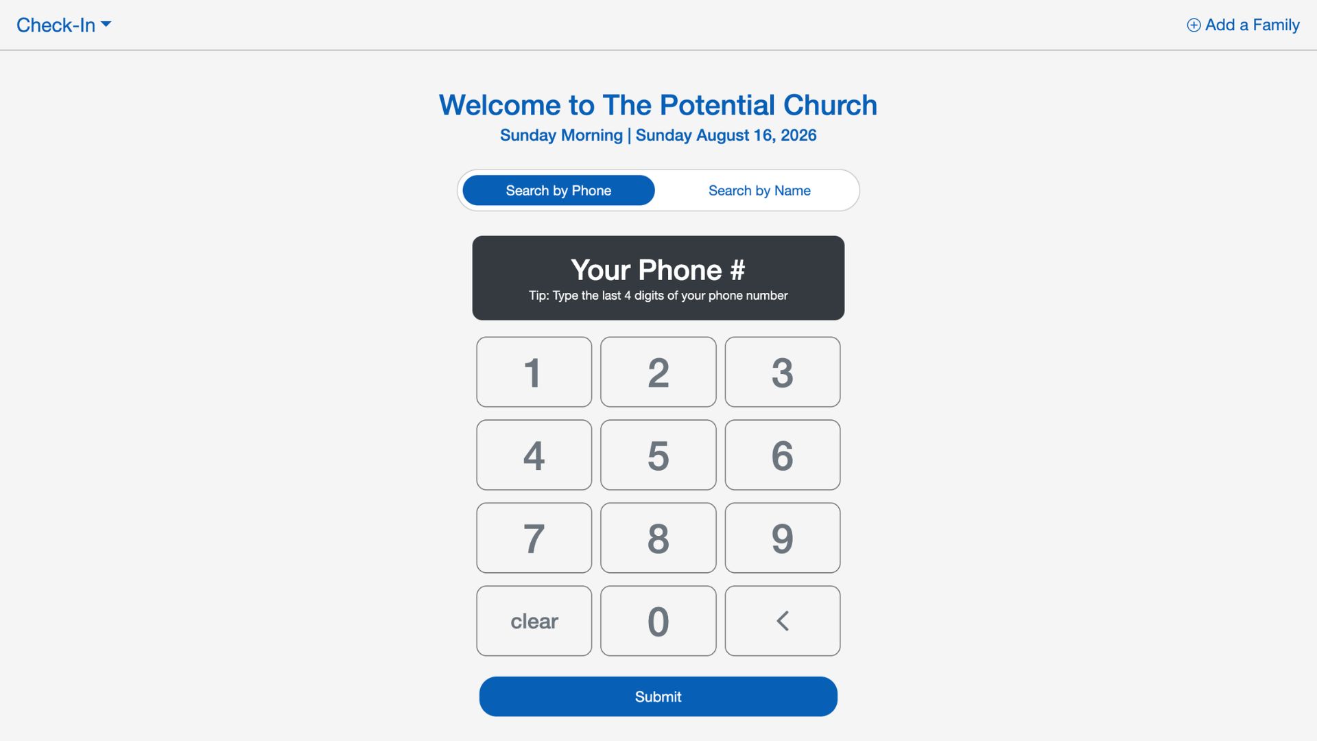 The ChurchTrac check-in kiosk screen ready for a family to check in