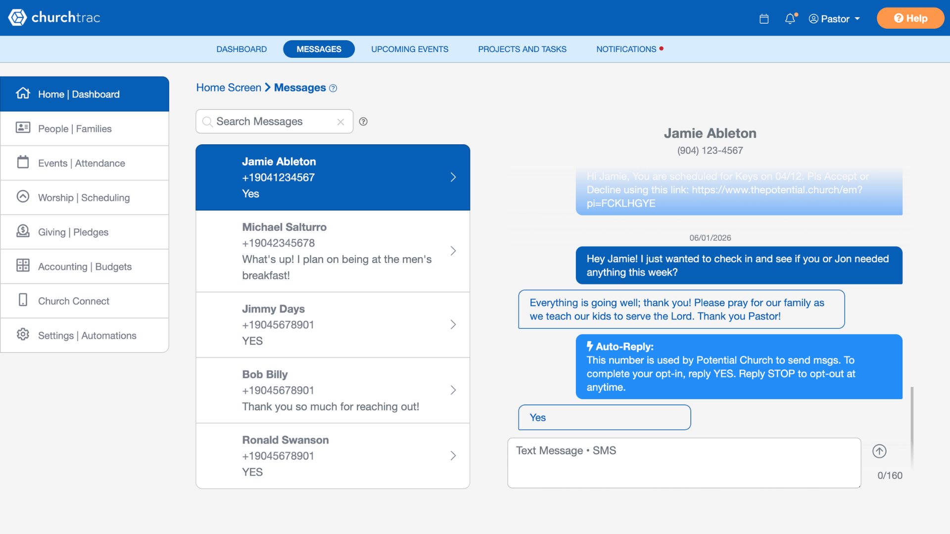 The ChurchTrac SMS inbox with a text conversation open