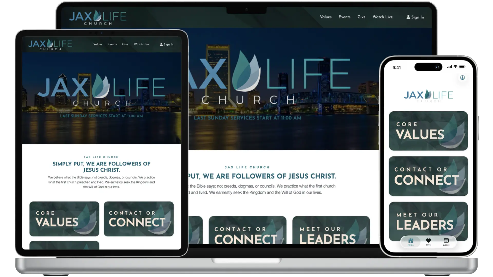 The same church website shown on a desktop, a tablet, and a phone