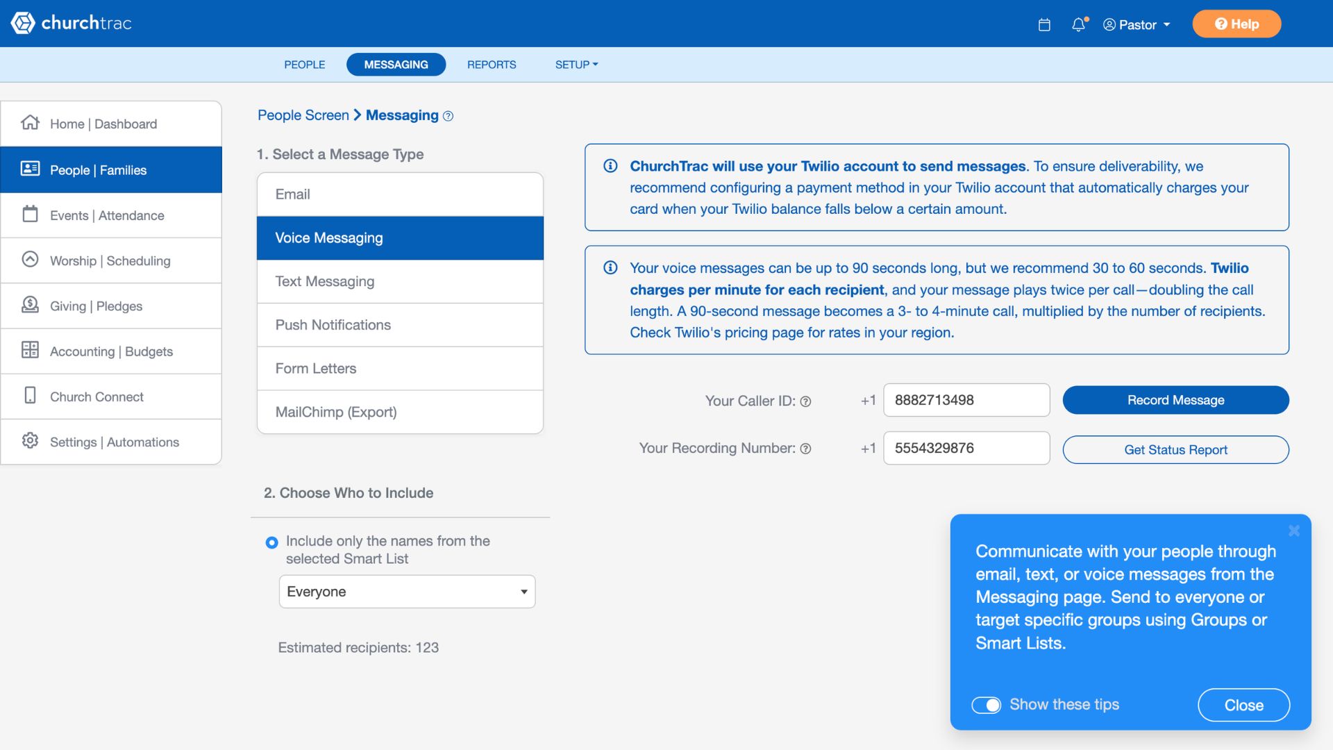 Recording a voice message to send to an entire church in ChurchTrac