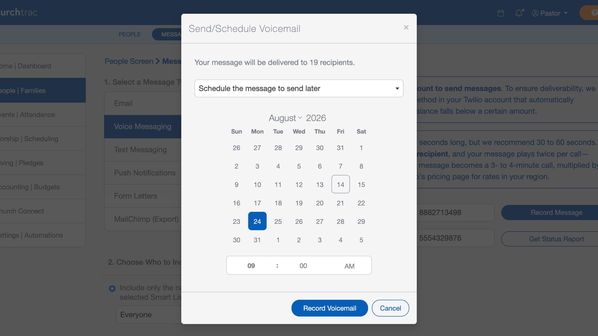 Scheduling a church voice message for a later date and time