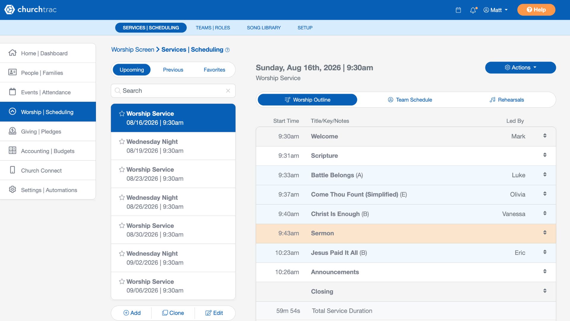 A ChurchTrac service outline with songs and the worship team scheduled