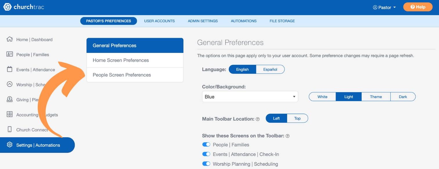 Settings preferences in ChurchTrac
