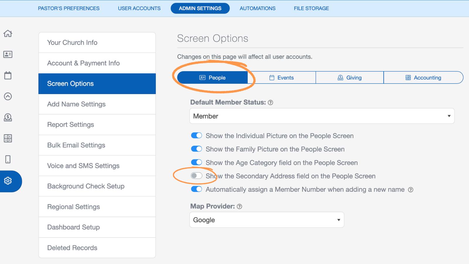Screen Options in ChurchTrac